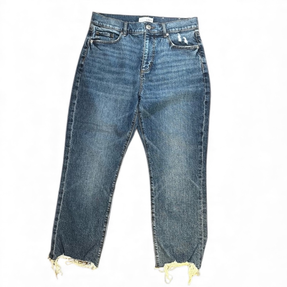 LOFT Jeans Petite Medium Wash High Waist Straight Crop Raw Hem